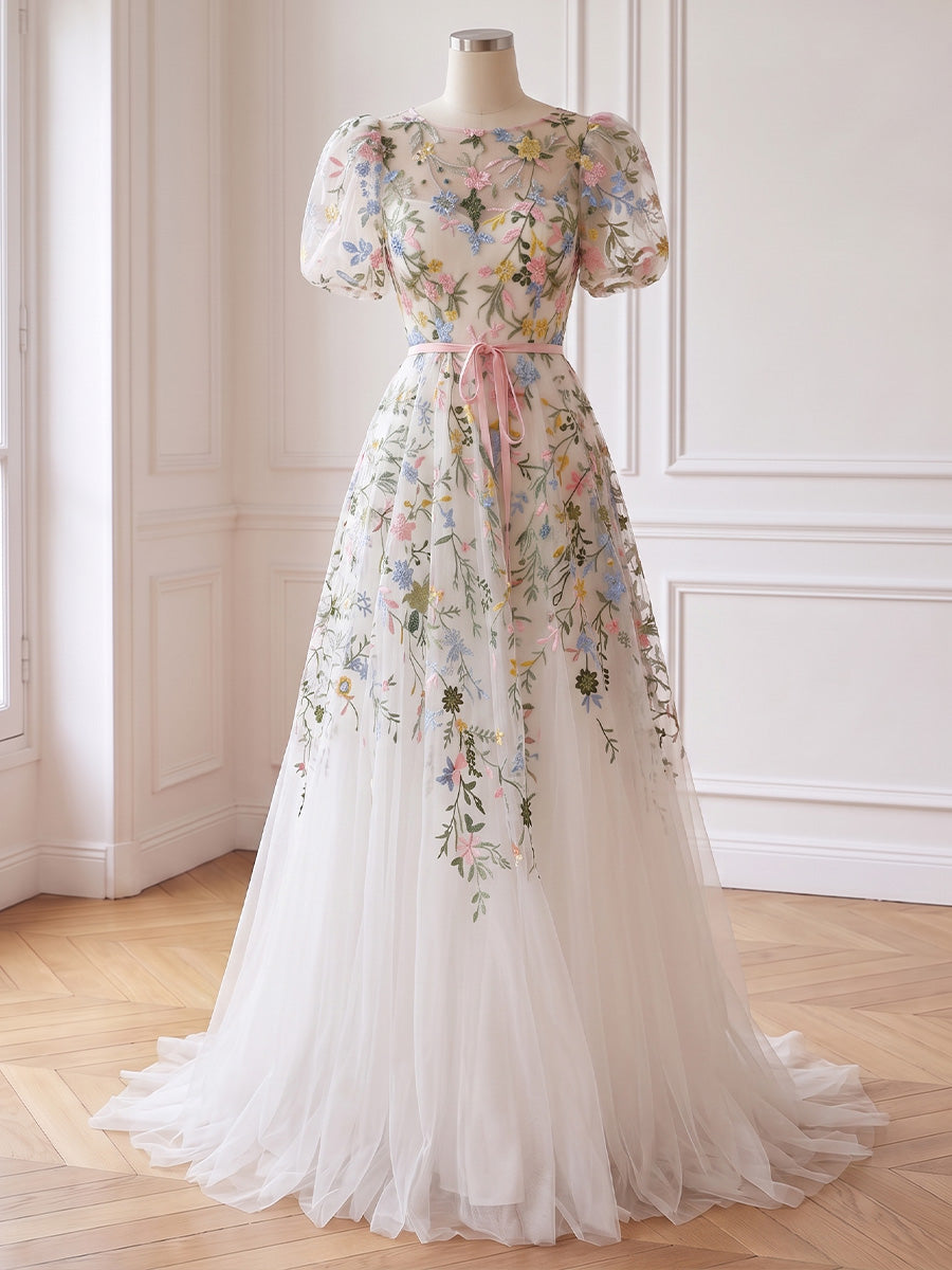 Ivory Prom Dresses Floral Embroidery Puff Sleeve Boat Neck Tulle A Line Long Formal Gowns for Wedding