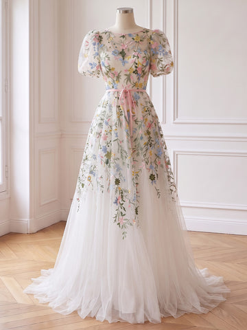 Ivory Prom Dresses Floral Embroidery Puff Sleeve Boat Neck Tulle A Line Long Formal Gowns for Wedding