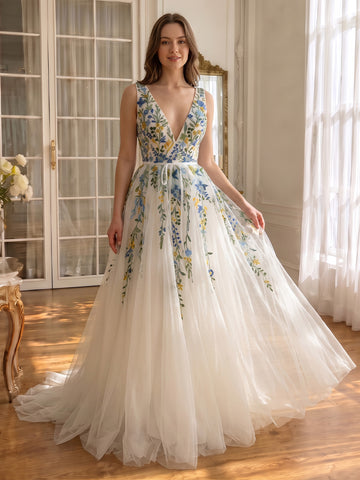 V Neck Prom Dresses Floral Embroidery Neck Ivory Tulle A Line Long Formal Gowns for Wedding (Copy)