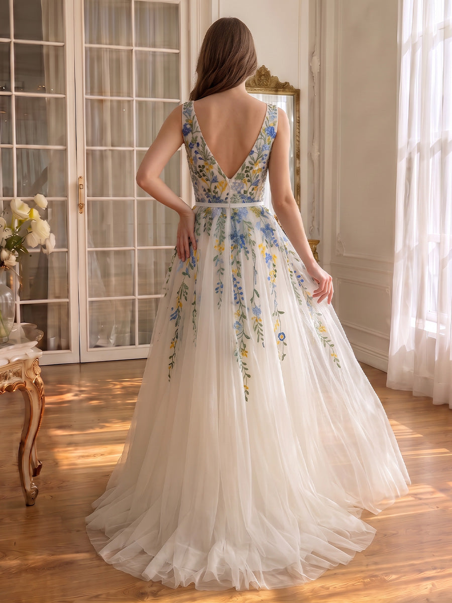 V Neck Prom Dresses Floral Embroidery Neck Ivory Tulle A Line Long Formal Gowns for Wedding (Copy)