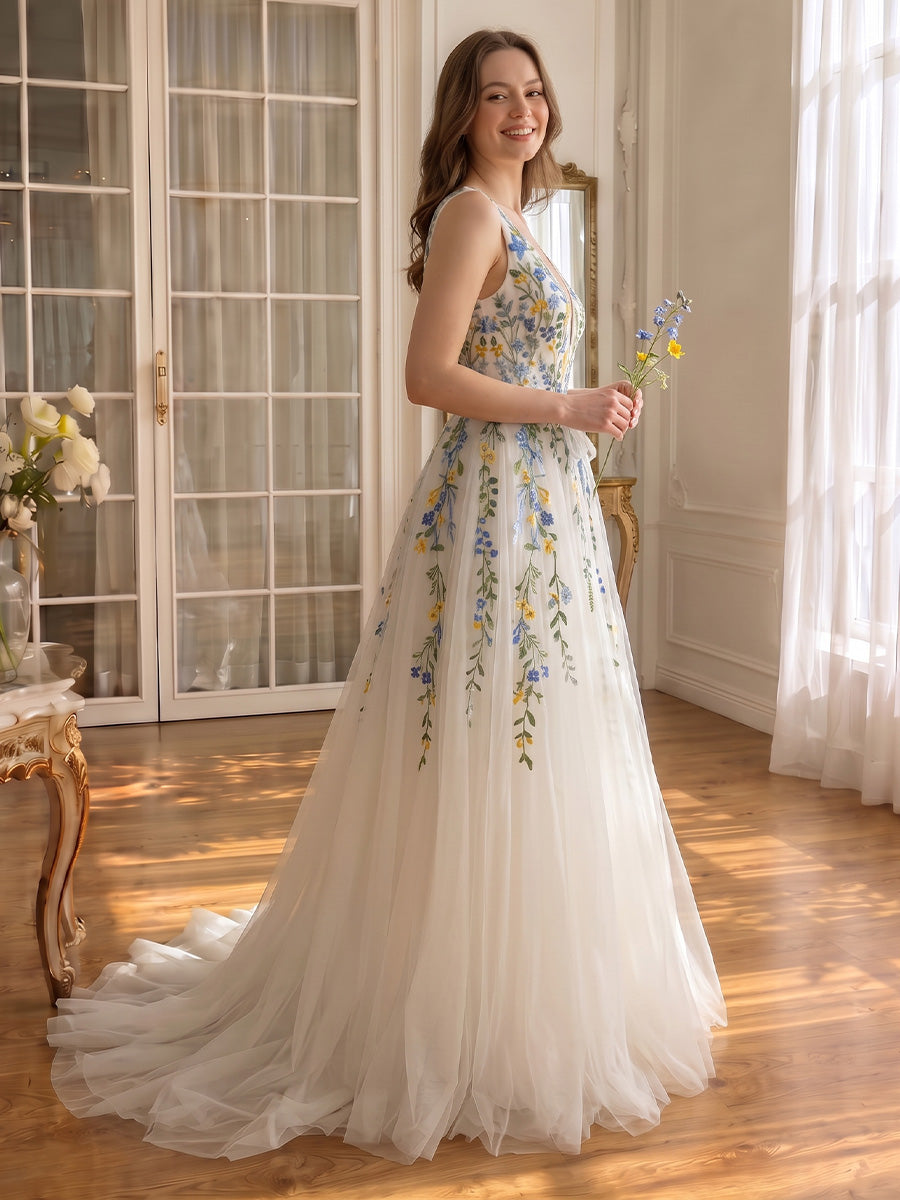 V Neck Prom Dresses Floral Embroidery Neck Ivory Tulle A Line Long Formal Gowns for Wedding (Copy)