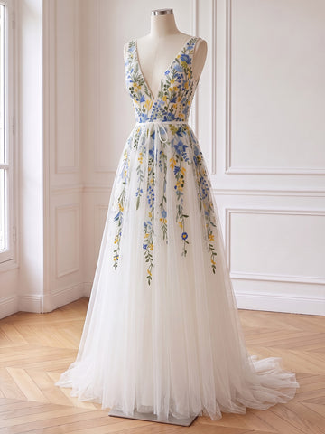 V Neck Prom Dresses Floral Embroidery Neck Ivory Tulle A Line Long Formal Gowns for Wedding (Copy)
