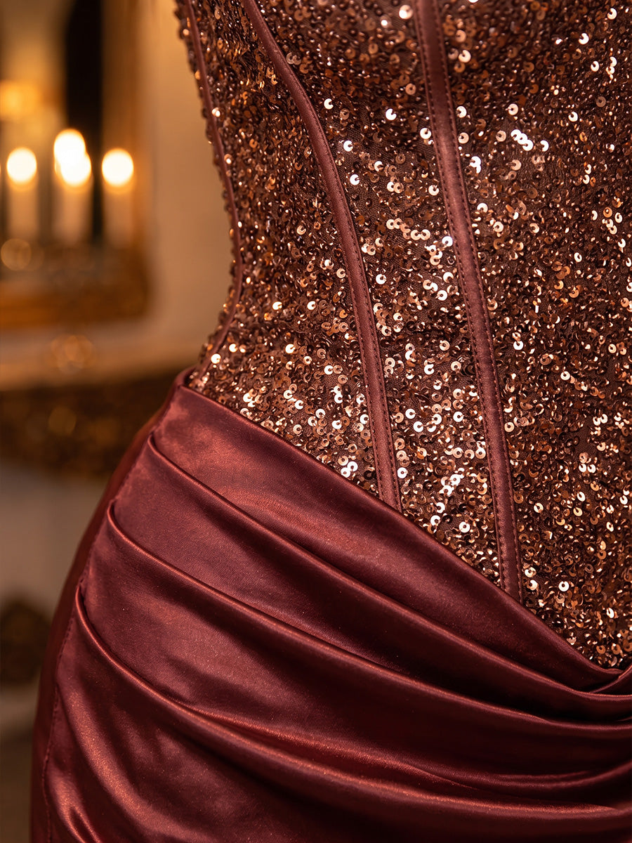 Burgundy Sheath Mini Sequin Corset Bodice With Satin Party Dresses