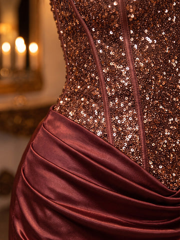 Burgundy Sheath Mini Sequin Corset Bodice With Satin Party Dresses