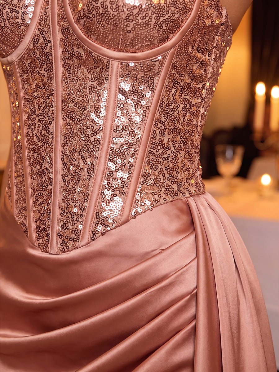 Rose Gold Sheath Sequin Corset Bodice With Satin Draped Mini Party Dresses