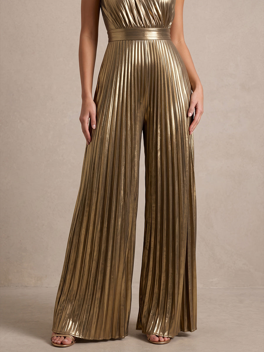 Gold One Shoulder Pleated Jumpsuit Long Metallic Pleated Jumpsuit