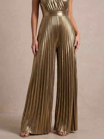 Gold One Shoulder Pleated Jumpsuit Long Metallic Pleated Jumpsuit