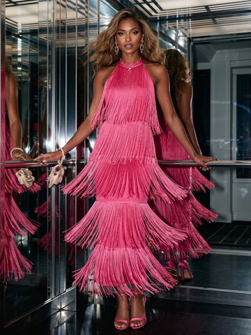 Hot Pink Sheath Halter Tiered Fringe Ankle Length Fringe Fabric Party Dresses
