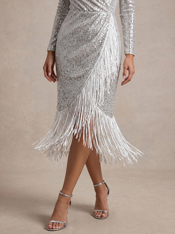 Silver V Neck Long Sleeve Bodycon Fringe Midi Sequin Party Dresses