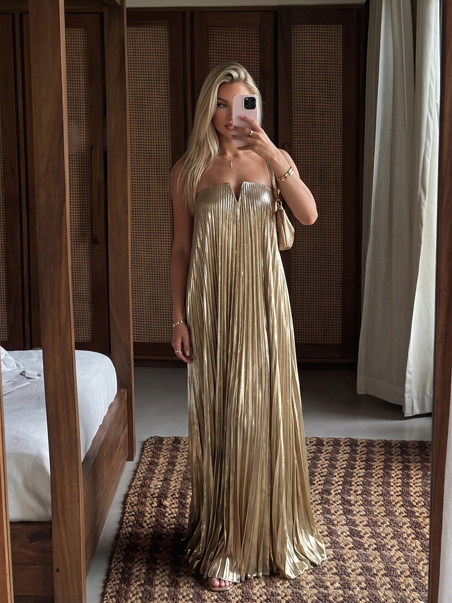 Champagne Strapless V Notch Pleated A Line Metallic Satin Long Party Dresses