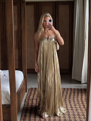 Champagne Strapless V Notch Pleated A Line Metallic Satin Long Party Dresses