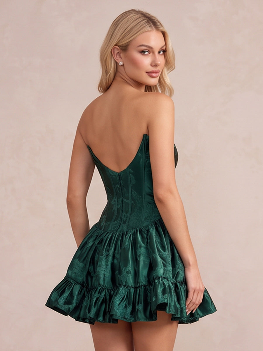 Emerald Green Strapless A Line Mini Jacquard Party Dresses