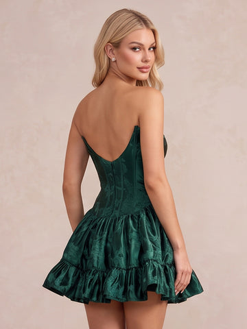 Emerald Green Strapless A Line Mini Jacquard Party Dresses