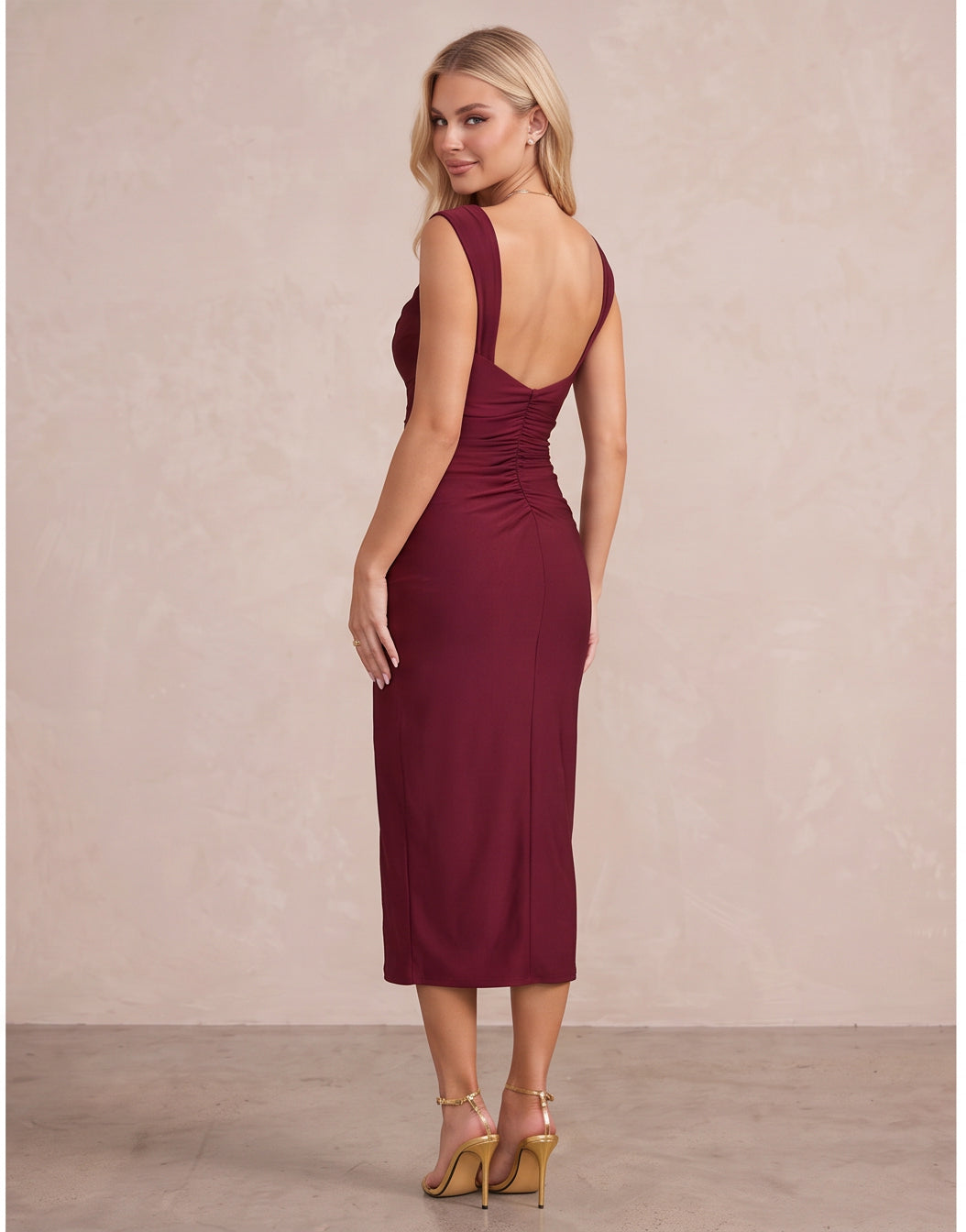 Burgundy Sheath Midi Stretch Party Dresses Cowl Neck Cocktail Dresses