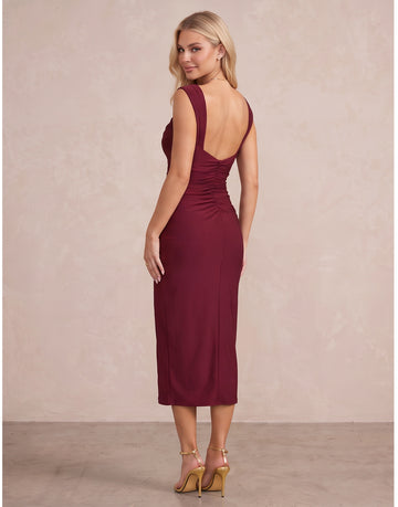 Burgundy Sheath Midi Stretch Party Dresses Cowl Neck Cocktail Dresses