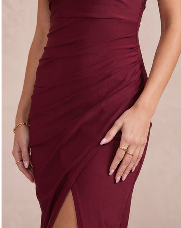 Burgundy Sheath Midi Stretch Party Dresses Cowl Neck Cocktail Dresses