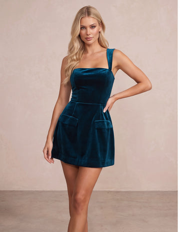 Teal A Line Mini Velvet Square Neck Party Dresses