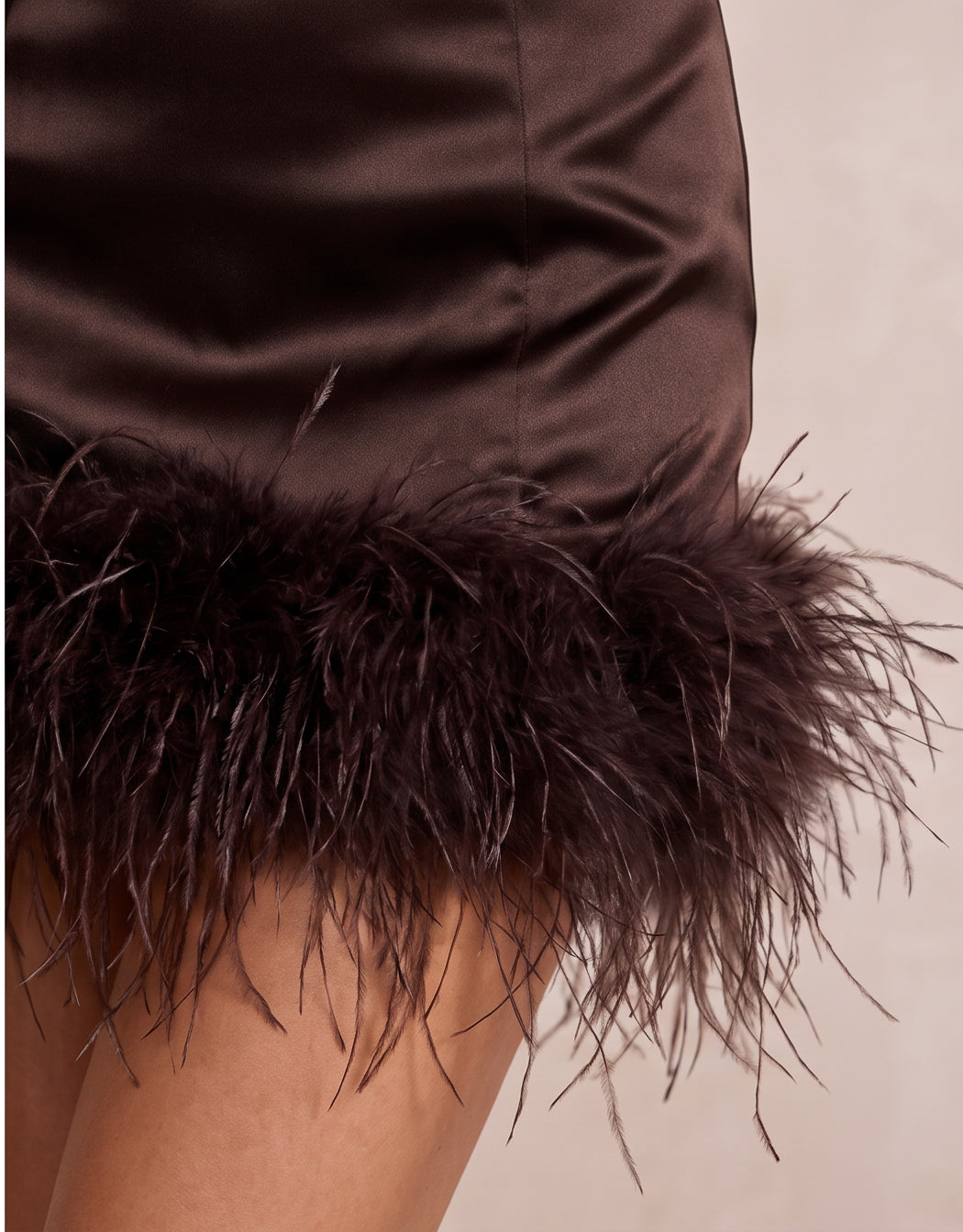 Brown Sheath Mini Satin Strapless Party Dresses with Feather