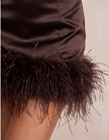 Brown Sheath Mini Satin Strapless Party Dresses with Feather
