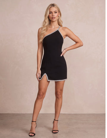 Black Sheath Mini Rhinestone Crape Slit Party Dresses