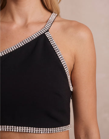 Black Sheath Mini Rhinestone Crape Slit Party Dresses