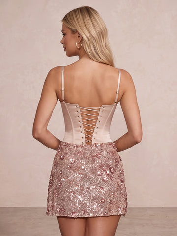 Blush Pink Sheath Mini Satin Sequin Square Neck Party Dresses