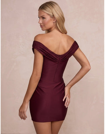Burgundy Sheath Mini Off Shoulder Cowl Neck Party Dresses