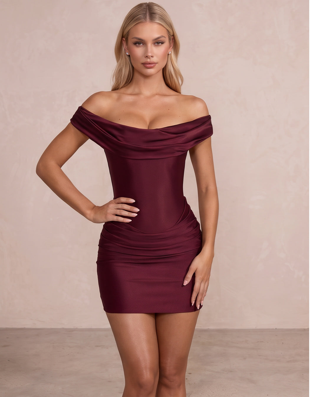 Burgundy Sheath Mini Off Shoulder Cowl Neck Party Dresses