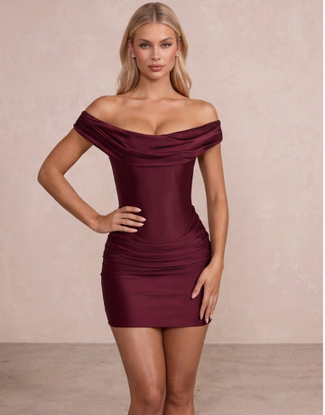 Burgundy Sheath Mini Off Shoulder Cowl Neck Party Dresses