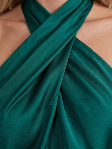 Emerald Green Shift Mini Satin Cross Halter Neck Party Dresses