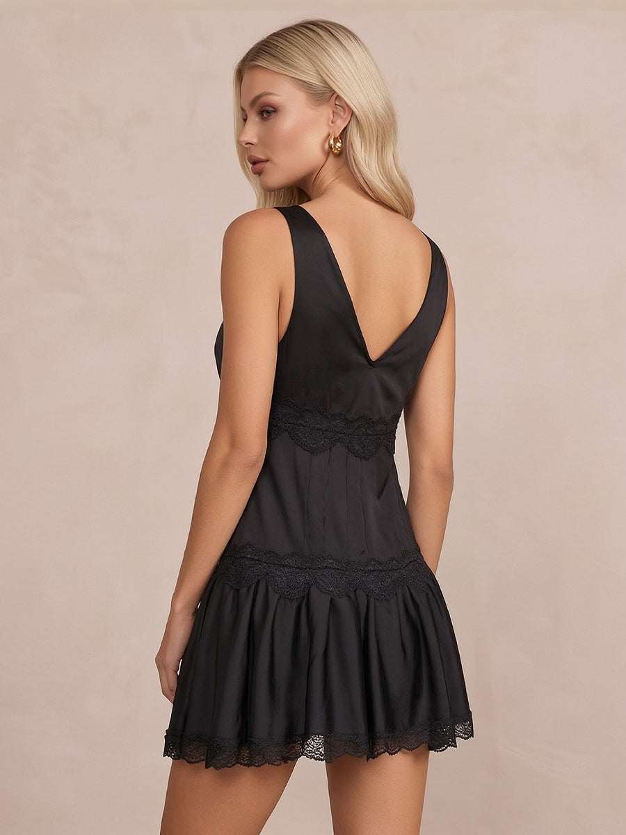 Black A Line Mini Satin V Neck Party Dresses with Lace