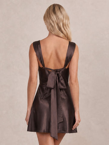 Brown Sheath Mini Satin Square Neck Party Dresses