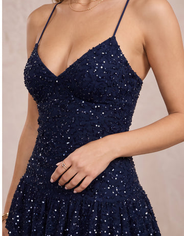 Navy Blue A Line Mini Beaded Sequin Deep V Spaghetti Strap Party Dresses