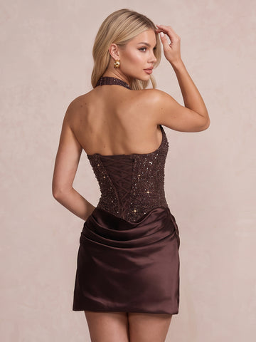 Brown Halter Deep V Neck Bodycon Ruched Mini Sequin Party Dresses