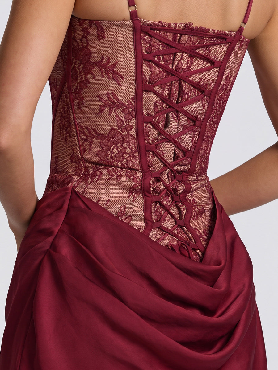 Burgundy Square Neck Corset Ruched Bodycon Floral Lace Satin Mini Party Dresses