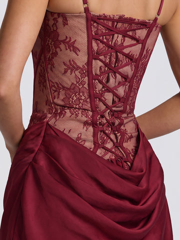 Burgundy Square Neck Corset Ruched Bodycon Floral Lace Satin Mini Party Dresses