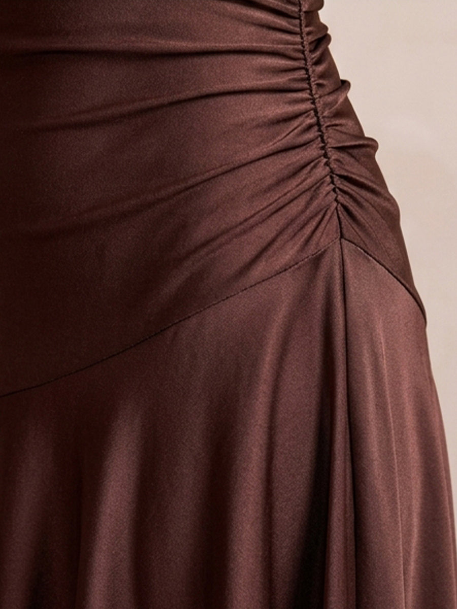 Brown Halter Deep V Neck Ruched Midi Satin Party Dresses