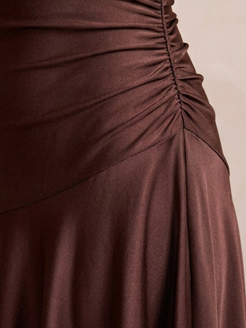 Brown Halter Deep V Neck Ruched Midi Satin Party Dresses