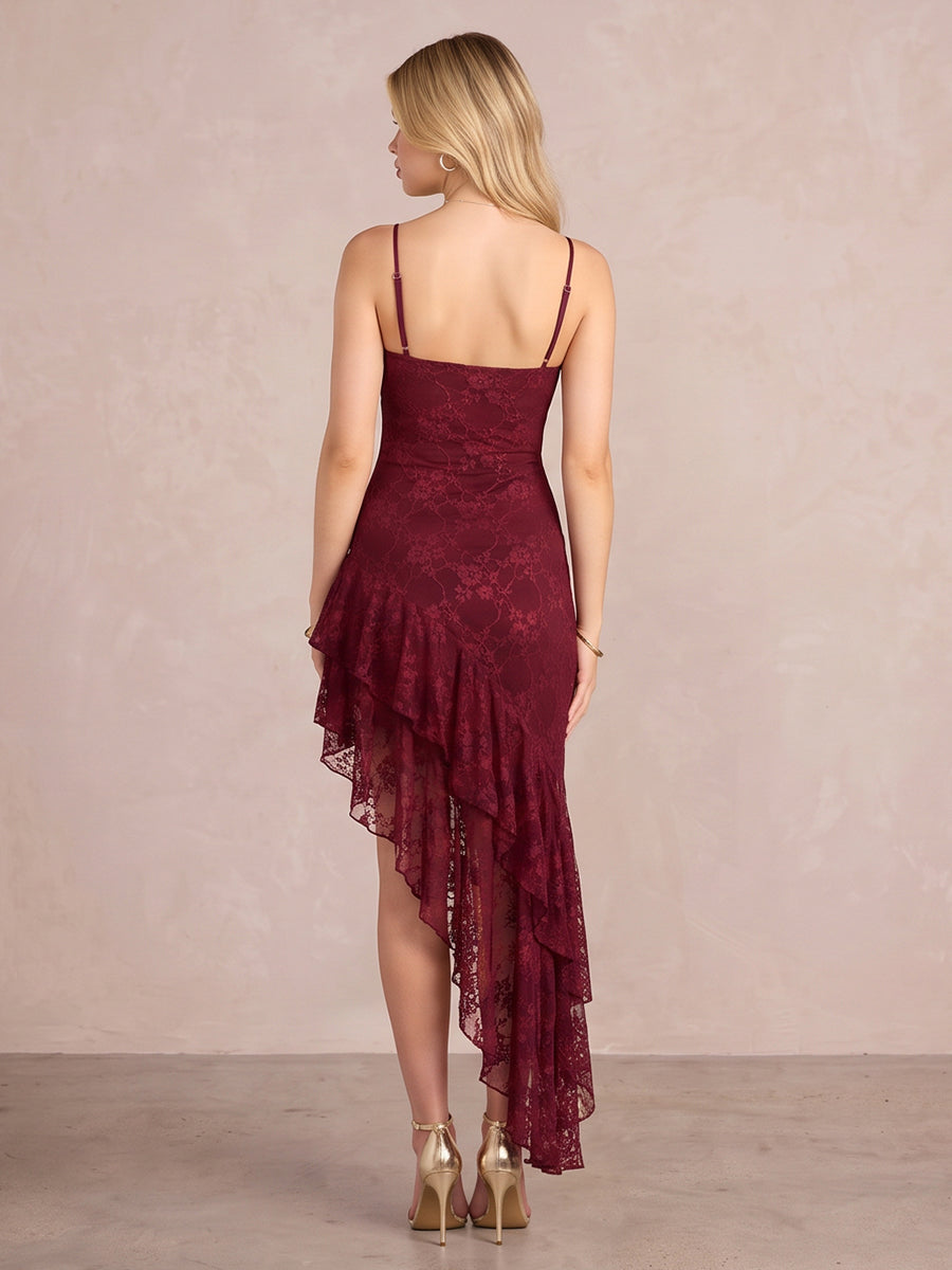 Burgundy Spaghetti Strap V Neck Ruffles Midi Floral Lace Party Dresses