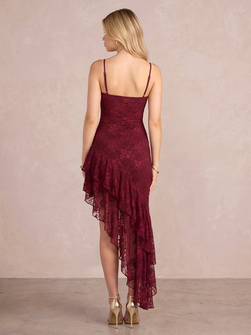 Burgundy Spaghetti Strap V Neck Ruffles Midi Floral Lace Party Dresses