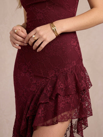 Burgundy Spaghetti Strap V Neck Ruffles Midi Floral Lace Party Dresses