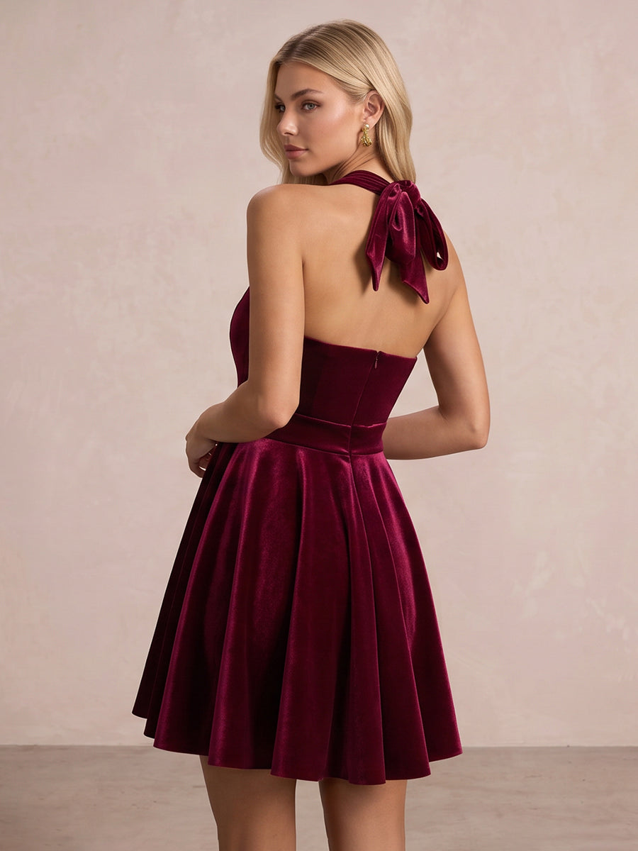 Burgundy Halter Square Neck Mini Velvet Party Dresses