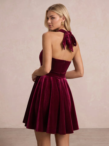 Burgundy Halter Square Neck Mini Velvet Party Dresses