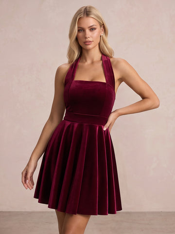 Burgundy Halter Square Neck Mini Velvet Party Dresses