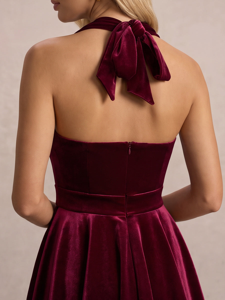 Burgundy Halter Square Neck Mini Velvet Party Dresses
