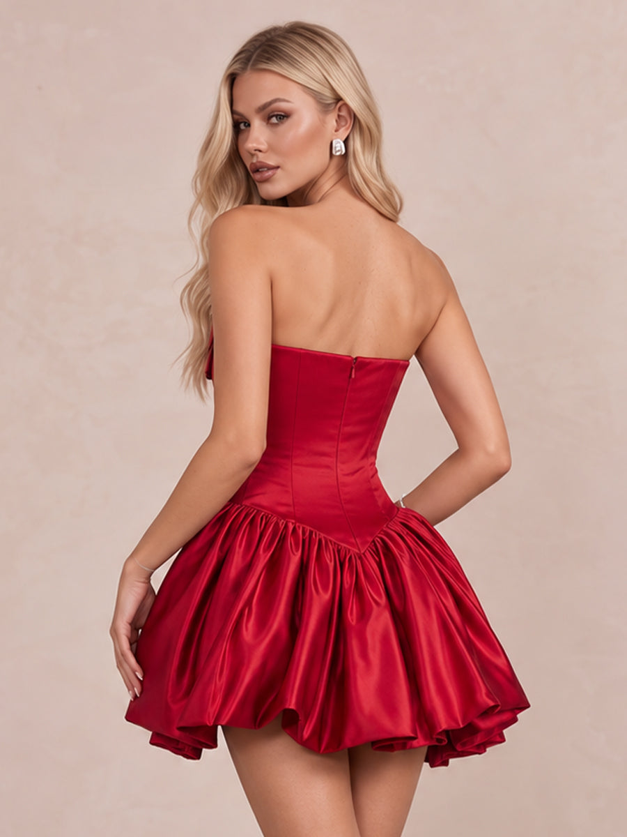 Red Strapless Bow Front Corset Mini Satin Party Dresses
