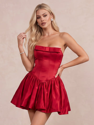 Red Strapless Bow Front Corset Mini Satin Party Dresses
