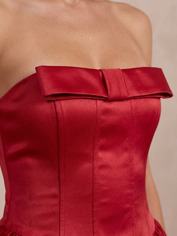 Red Strapless Bow Front Corset Mini Satin Party Dresses