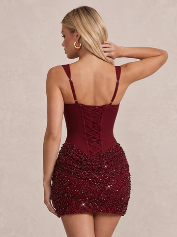 Burgundy Square Neck Corset Ruched Mini Sequin Party Dresses