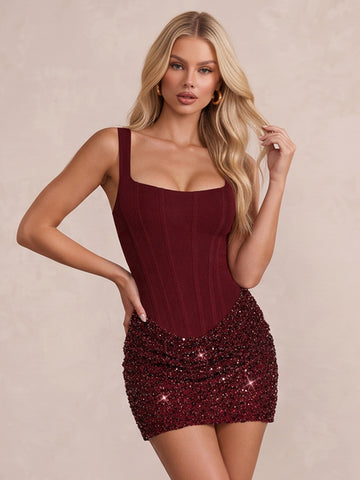 Burgundy Square Neck Corset Ruched Mini Sequin Party Dresses
